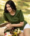 Dark Green Puffed Sleeve Linen Top